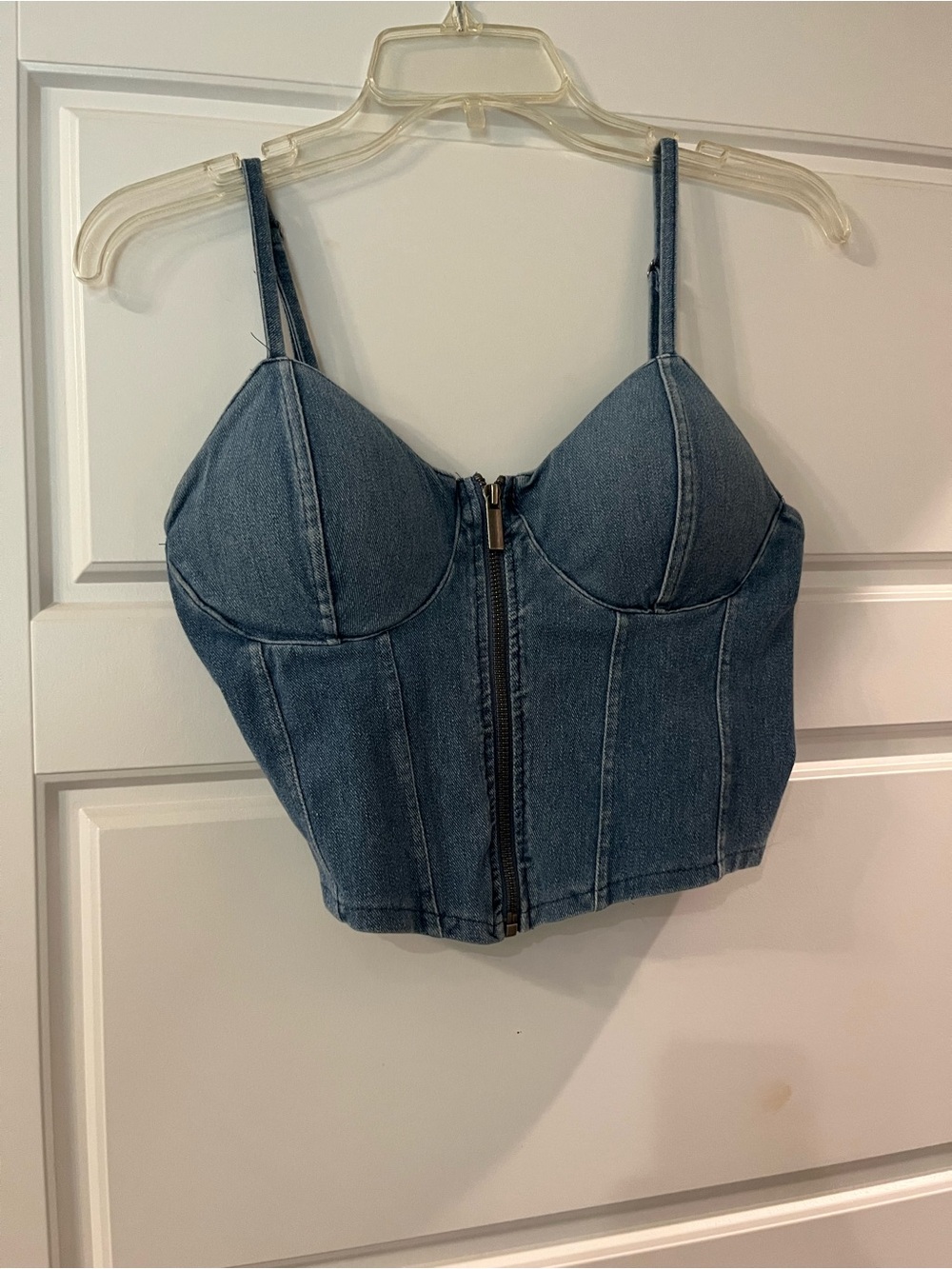 Denim Zip-Front Bustier Crop Top - Blue